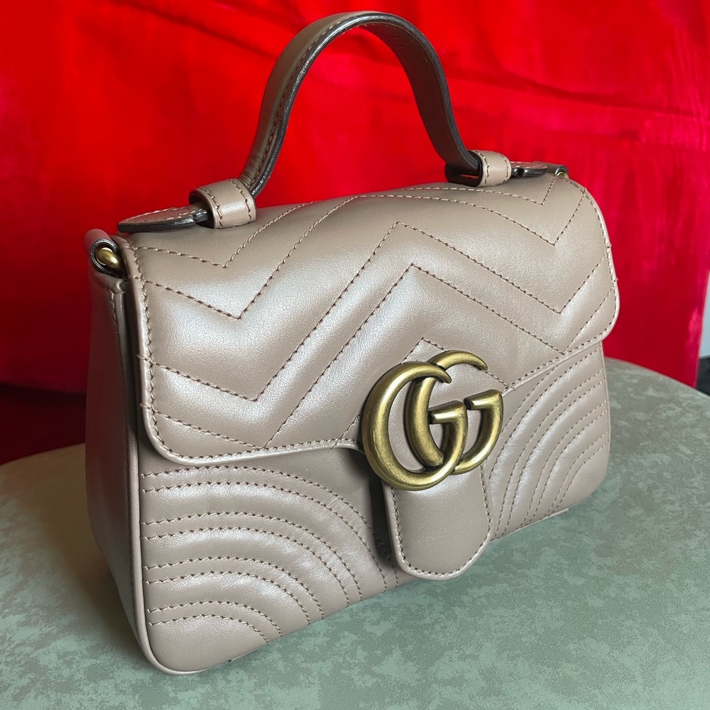 Gucci Tan Marmont Small Top Handle Bag  with Chevron Quilting and GG Logo